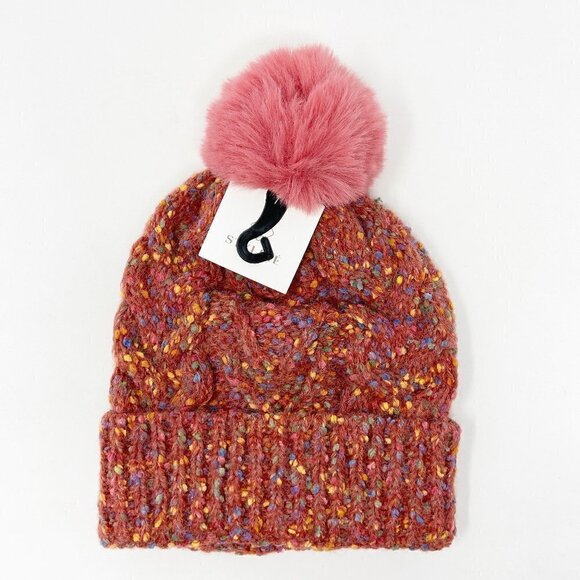Confetti Cable Knit Pom Pom Beanie Stocking Cap Coral main image 4